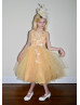 Beaded Golden Yellow Lace Tulle Curly Hem Flower Girl Dress